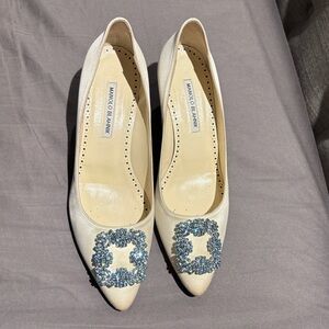 Manolo Blahnik Blue Crystal Cream Heels
